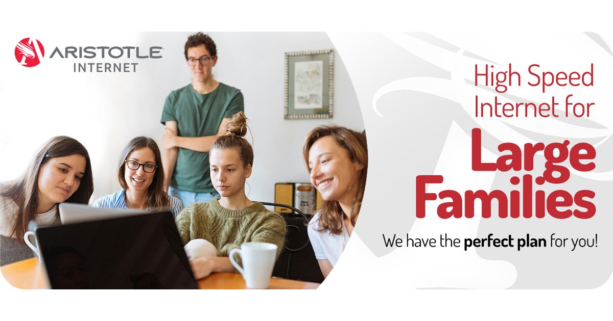 Large family looking at laptop computer with Aristotle High Speed Internet