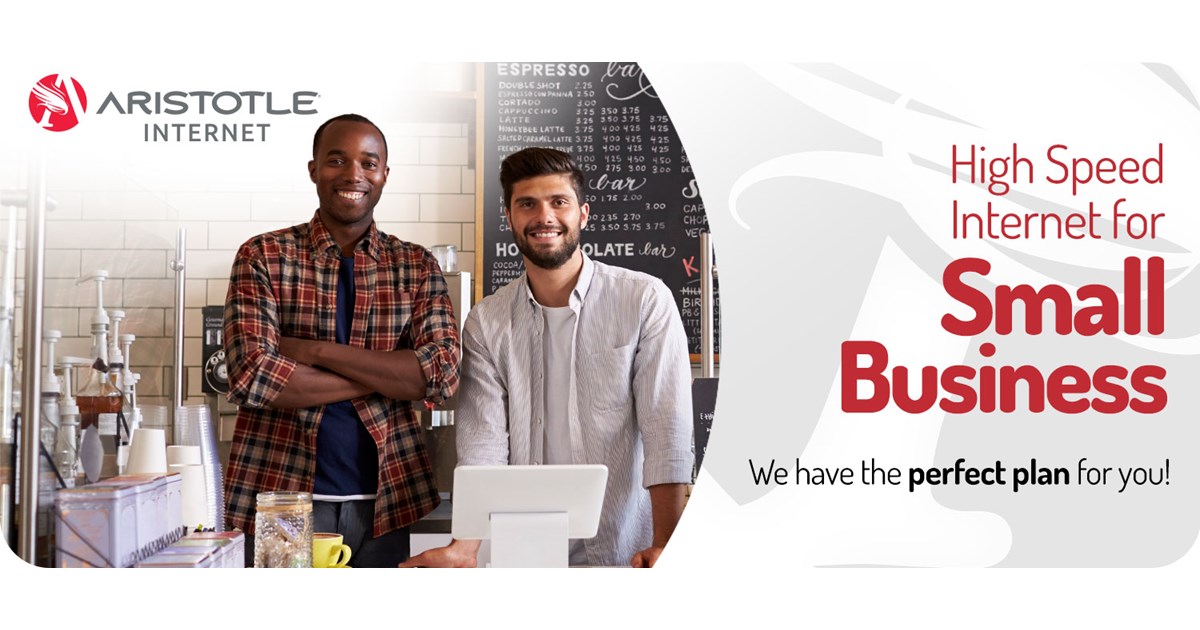 Two young businessmen stand at coffeehouse checkout counter with Aristotle High Speed Internet