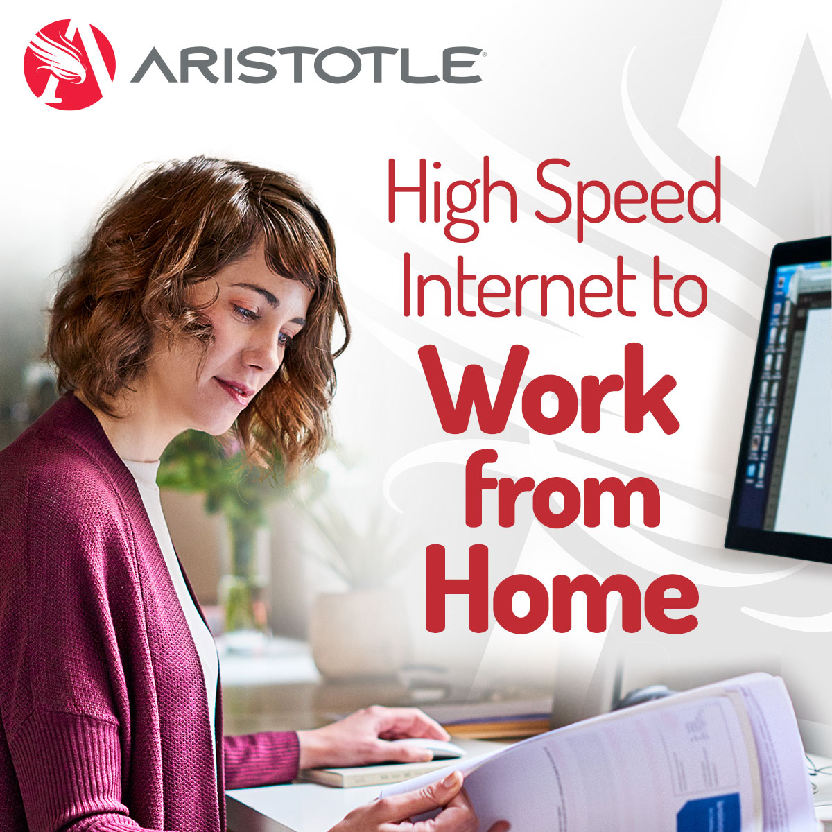 Woman works from home at a desktop computer with Aristotle High Speed Internet